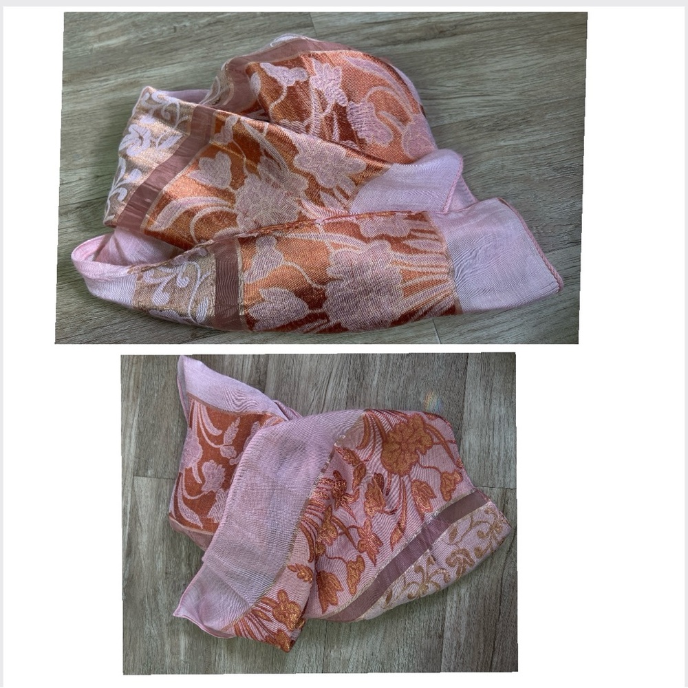 🆕 Fine woven scarf: long, soft in pink, copper & gold w/arabesques & flowers - Picture 5 of 16